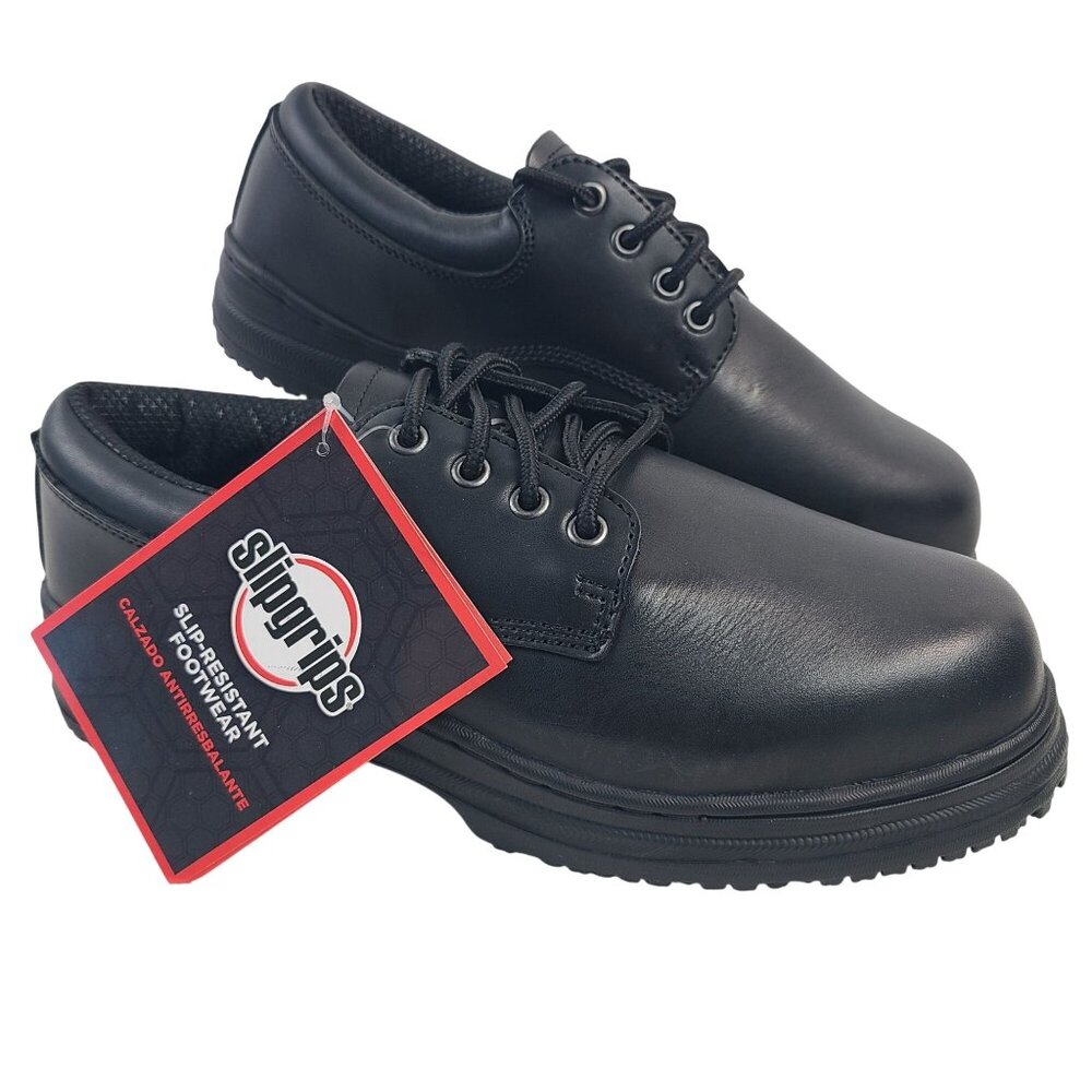 SlipGrips Black Slip-Resistant Work Shoes Men's 8.5 W Leather Non-Slip Steel Toe